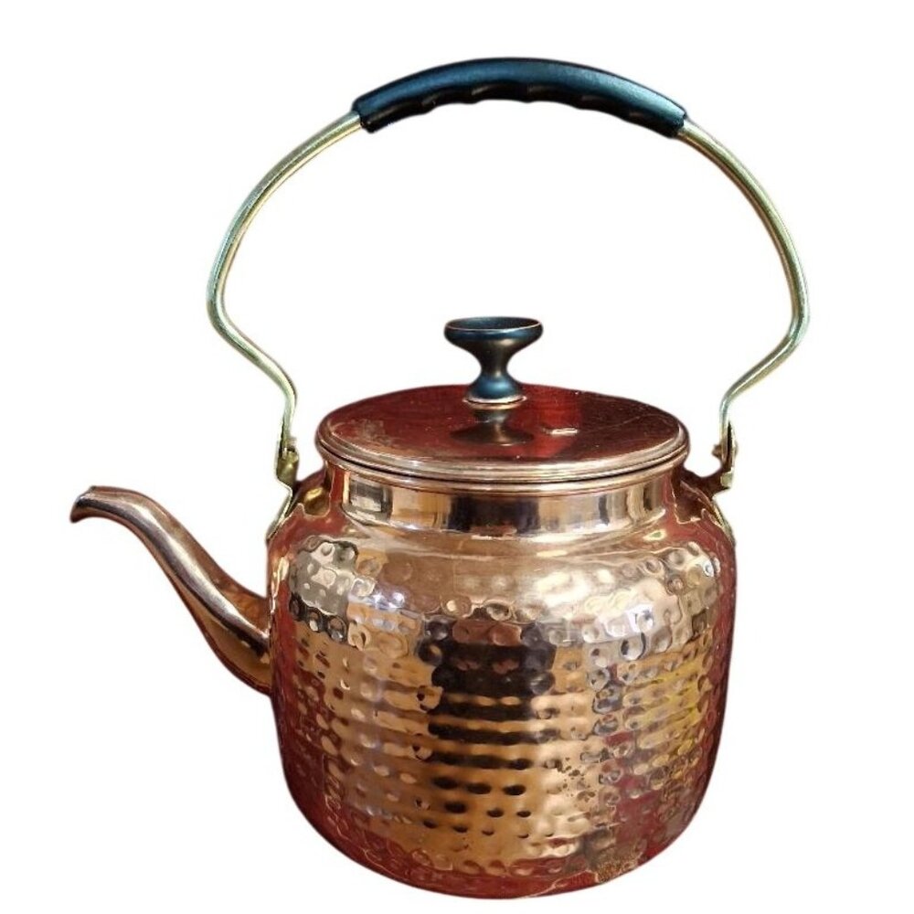 Vintage ODI Hammered Copper Tea Kettle With Lid & Brass Handle Made In India 6"